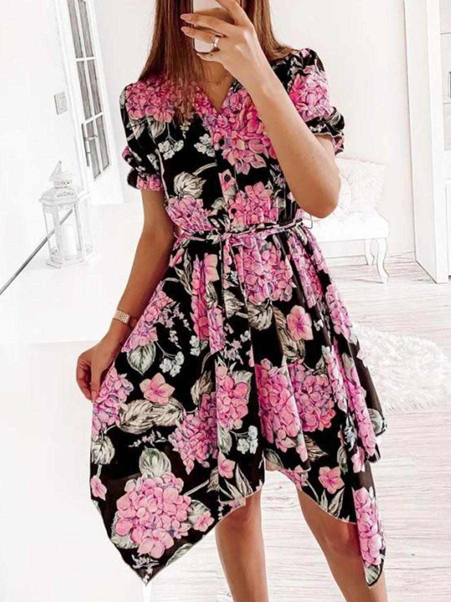 V-neck Print Short-sleeved High-low Midi Dress